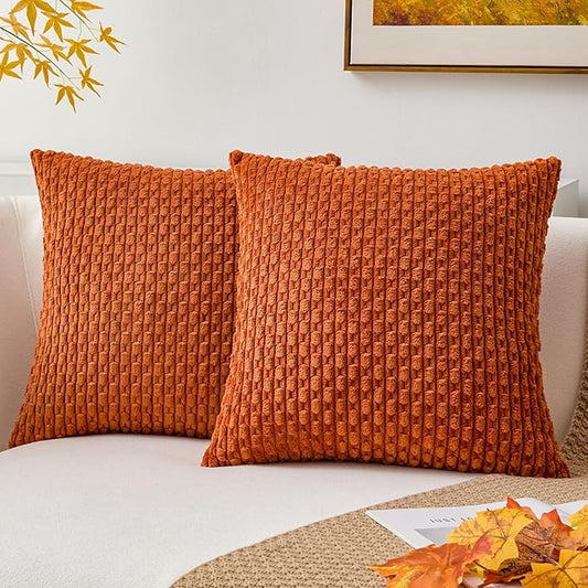 Kevin Textile Fall Pack of 2 Corduroy Decorative Throw Pillow Covers 16x16 Inch Soft Boho Striped Pillow Covers Modern Farmhouse Home Decor for Sofa Living Room Couch Bed Rust