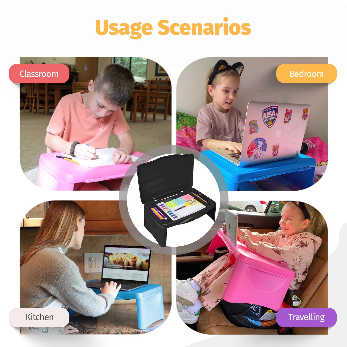 Aerolife Folding Lap Desk - Foldable Table for Work, Study, Gaming, Arts, Crafts, School - Collapsible Laptop Tray with Storage Compartment - Portable Writing Station for Kids, Adults (Black)