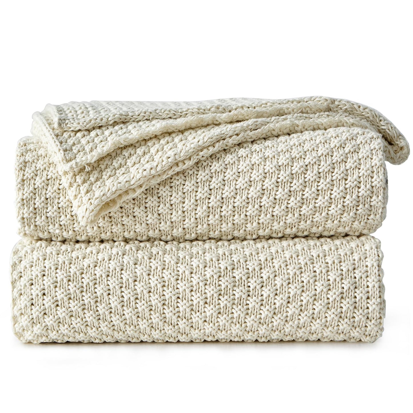 Longhui bedding 100% Cotton Knitted Throw Blanket – Cream, Soft & Cozy, Machine Washable, 51"x63" – Perfect for Living Room, Couch, Sofa, Bed or Travel