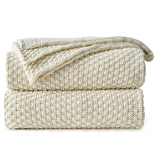 Longhui bedding 100% Cotton Knitted Throw Blanket – Cream, Soft & Cozy, Machine Washable, 51"x63" – Perfect for Living Room, Couch, Sofa, Bed or Travel