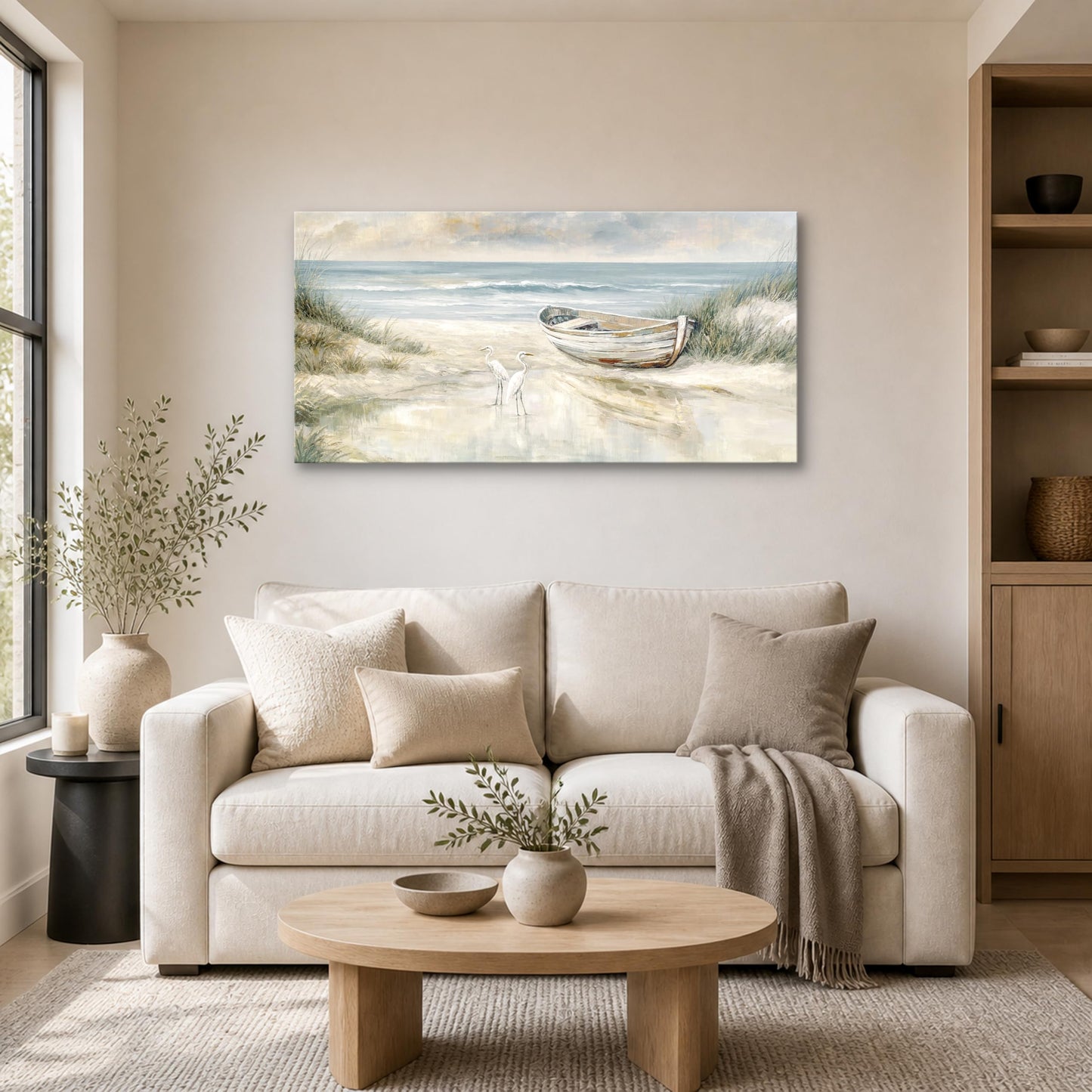 SENROLAN Coastal Wall Art for Living Room, Horizontal Seascape Canvas Wall Art with Boat and Birds, Neutral Ocean Picture for Bedroom, Large Beach Wall Decor, Ready to Hang, 24x48 Inch