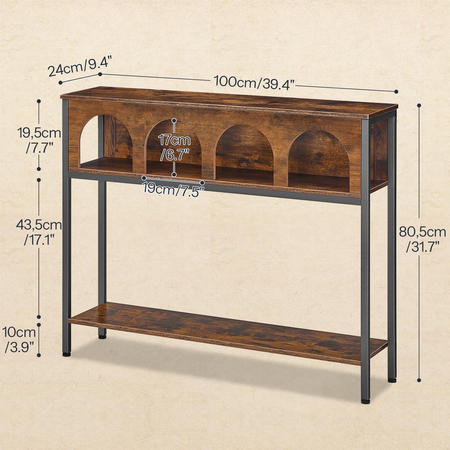 HOOBRO Narrow Console Table, Entryway Table with 3-Tier Storage, Sofa Table, Behind Couch Table with Arched Design for Living Room, Entrance, Hallway, Rustic Brown and Black BF106XG01