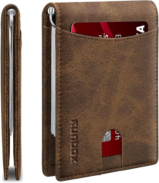 RUNBOX Slim Wallet for Men Genuine Leather RFID Blocking Bifold Minimalist Front Pocket Mens Wallet with Money Clip Thin Gift Box