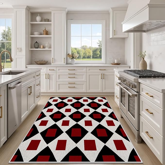 Plaid Rug 5x6, Vintage Geometric Soft Ultra Soft Faux Wool Low Pile Rug, Indoor Floor Mats Carpet, Non-Slip Stain Resistant Washable Rugs, Modern Red Rugs for Living Room Home Office Decor