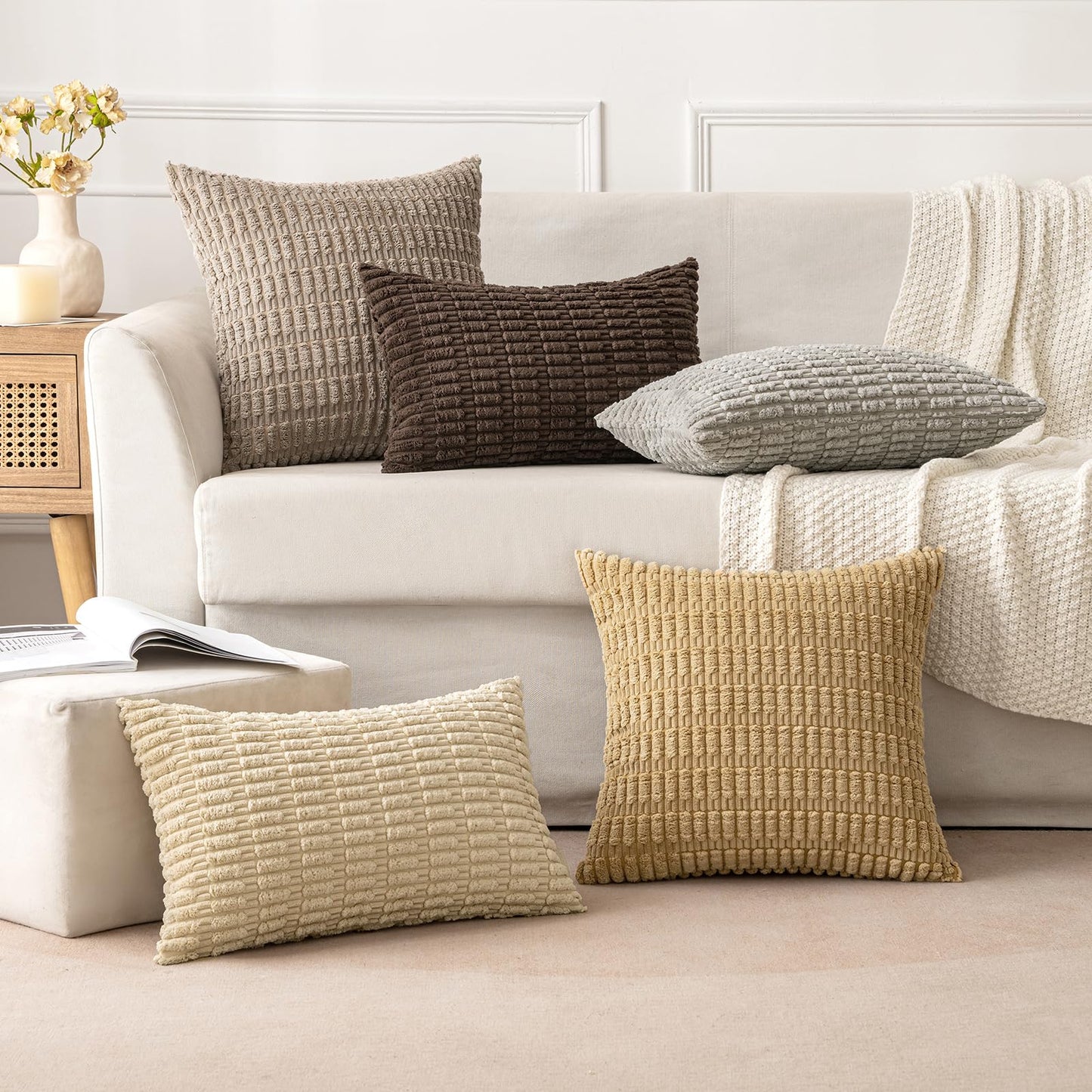 MIULEE Pack of 2 Corduroy Decorative Throw Pillow Covers 20x20 Inch Soft Boho Striped Pillow Covers Modern Farmhouse Home Decor for Sofa Living Room Couch Bed Tan