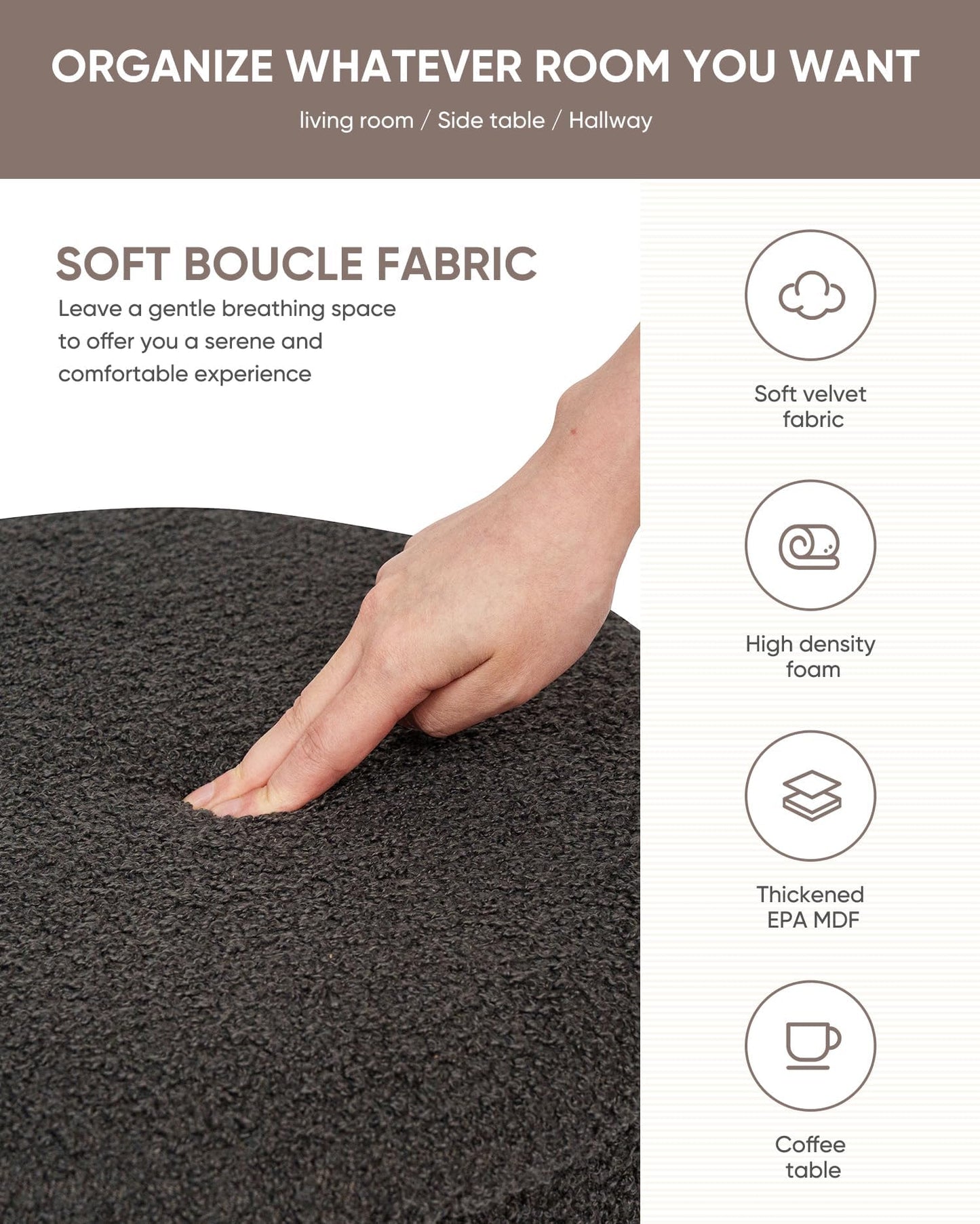 B FSOBEIIALEO Ottoman with Stroage, Round Boucle Storage Ottoman with Gold Plating Base,Foot Rest Stool for Dorm Room, Living Room Dark Grey, 16.73"x16.73"x17.72"