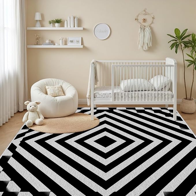 Black and White Rug 3x4, Checkered Soft Thin Indoor Floor Mats Carpet, Non-Slip Stain Resistant Washable Rugs, Modern Rhombus Geometric Rugs for Living Room, Farmhouse Rug