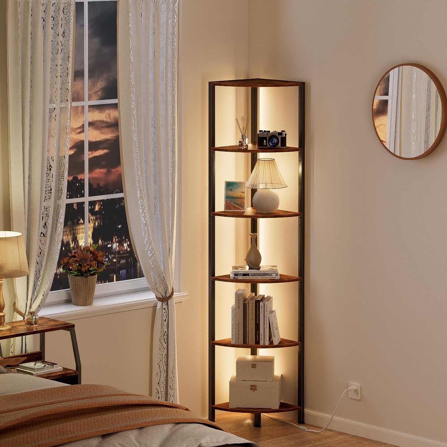 Furnulem 6 Tier Corner Shelf with LED Light, 67.5” Tall Standing Shelf Organizer, Narrow Bookshelf with Storage Rack for Wall Corner, Living Room, Bedroom, Metal Frame, Wood Display Shelf
