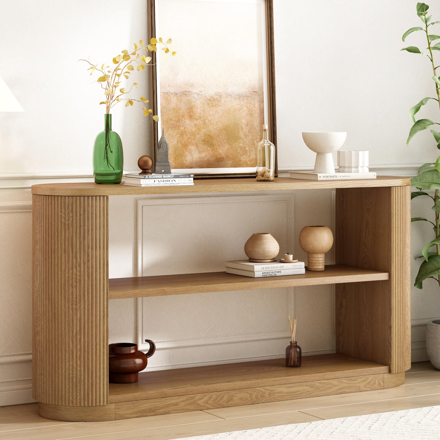 Christopher Knight Home Mirod Sofa Table with 3-Tier Open Shelves, Entryway Console Table, Narrow Wooden Couch Tables, Wide Space to Display, Spacious Storage Shelf for Living Room Hallway, 58"Natural