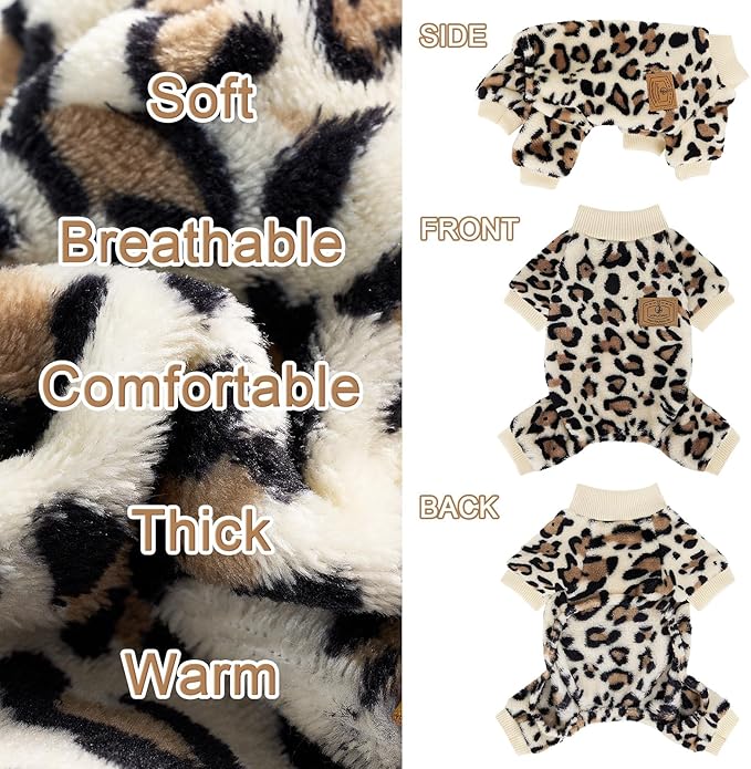 XPUDAC Fleece Dog Pajamas Leopard Dog Sweaters Winter Puppy Clothes for Small Medium Dogs Boy Girl Pet Jumpsuits Doggie Outfits for Christmas