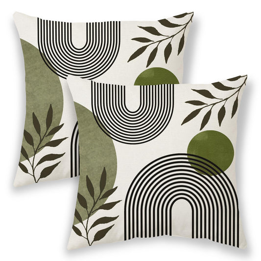 Boho Summer Pillow Covers 18x18 Inch 2 Pcs, Sage Green and Tropical Leaf Outdoor Decorative Throw Pillows, Mid Century Abstract Art Farmhouse Decor Pillowcase Linen Cushion Cover for Couch Sofa