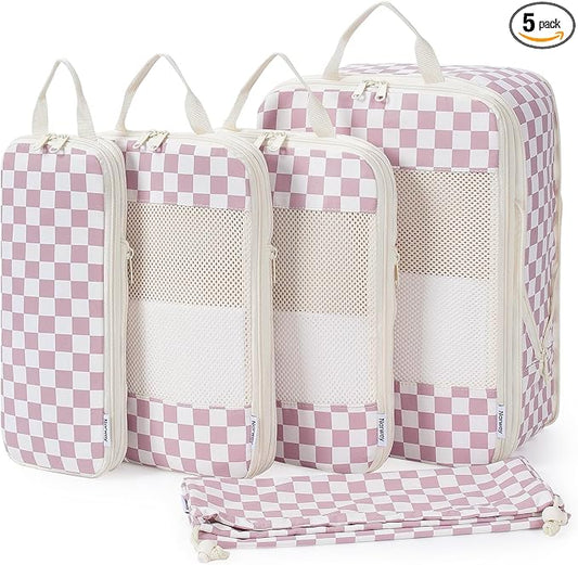 Narwey 5 Set Compression Packing Cubes for Travel, Luggage Packing Organizer Bags for Carry on Suitcase, Expandable Checkered Storage Bags with Laundry & Handle (Dusty Pink Checkerboard)