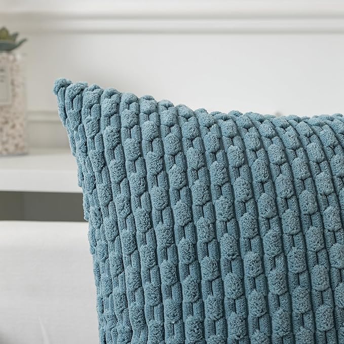 Kevin Textile Throw Pillow Covers Soft Corduroy Decorative Set of 2 Boho Striped Pillow Covers Pillowcases Farmhouse Home Decor for Couch Bed Sofa Living Room 20x20 Inch Blue Grey