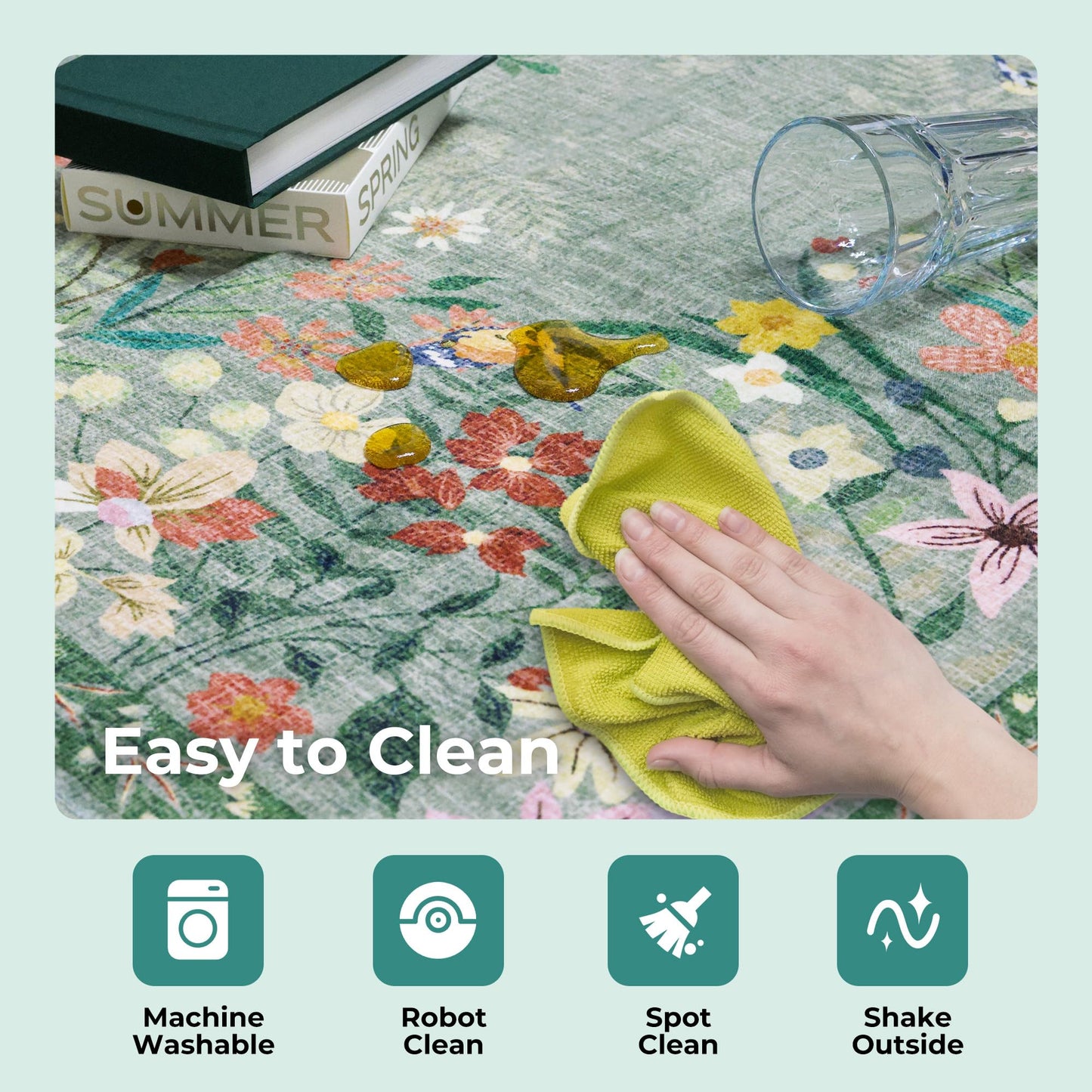 KUEAO 2x6 Kitchen Runner Rug for Hallway, Washable Runner Rug with Non Slip Backing, Low Pile Soft Boho Floral Carpet for Kitchen Hallway Entryway Laundry Bedroom 24x72 Inch Green