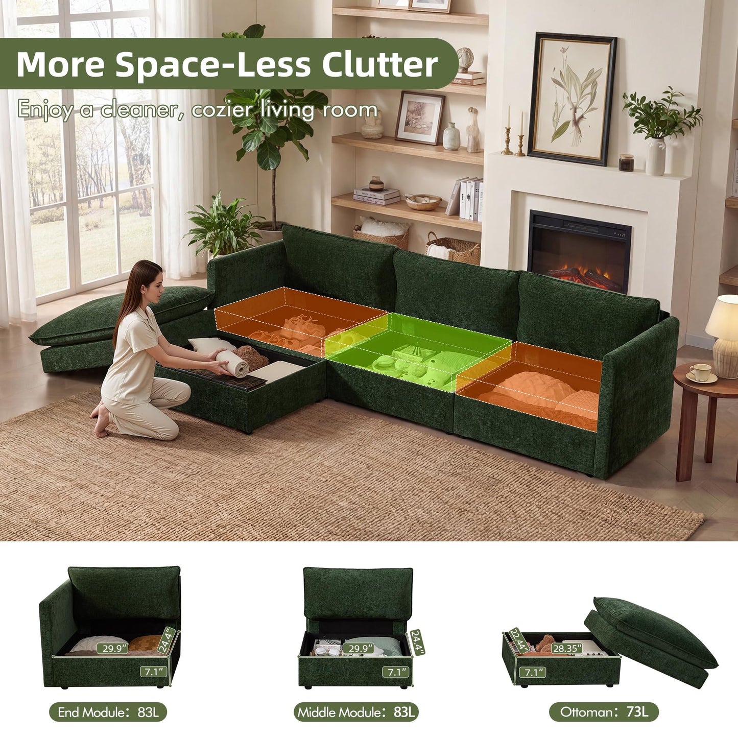 WorthFurni Modular Sectional Sofa with Storage Ottomans,102" L-Shaped Cloud Couch,Comfy Modern Couches with Pillows & Upholstered Deep Seat Cushion for Apartment Living Room Bedroom（Green）