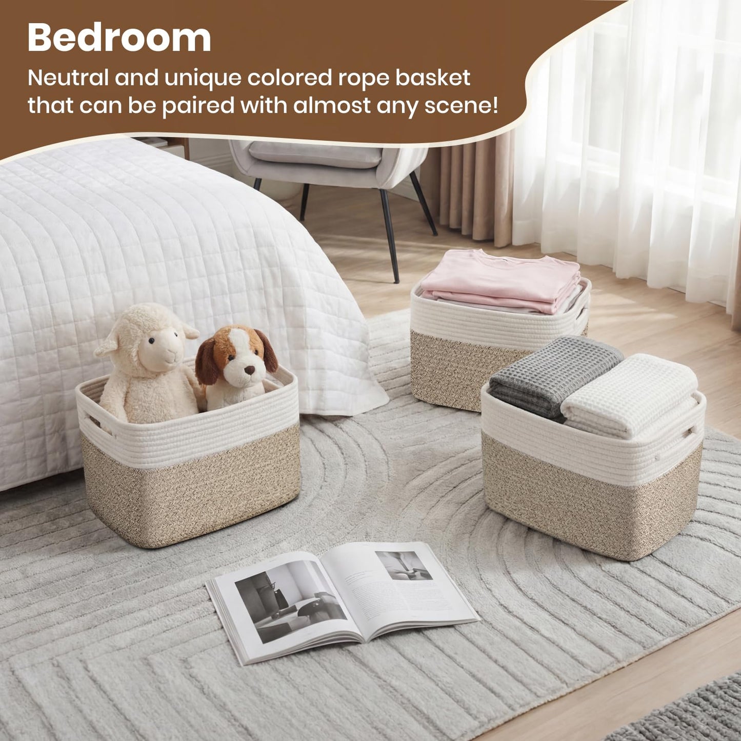 Storage Baskets for Organizing, 14 x 10 x 9” Closet Shelf Woven Baskets, Square Bins with Handles, Cotton Rope Basket for Clothes, Office, Room, White+Rice Brown 1 Pack