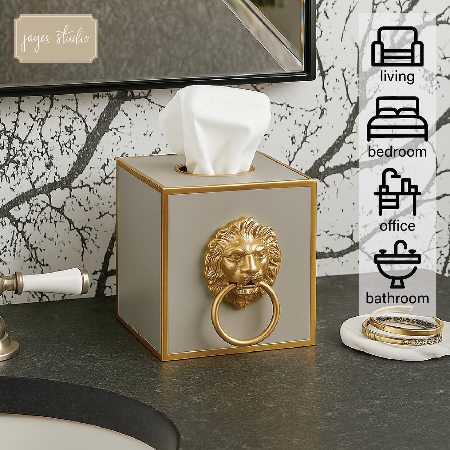 Jaye’s Studio Decorative Square Tissue Box Cover for Bathroom & Home, Premium Cube Tissue Box Holder, Gold Trim & Accents, Paws & Claws Lion’s Head Detail, Luxury Handmade Metal Decor (6x5x5, Taupe)