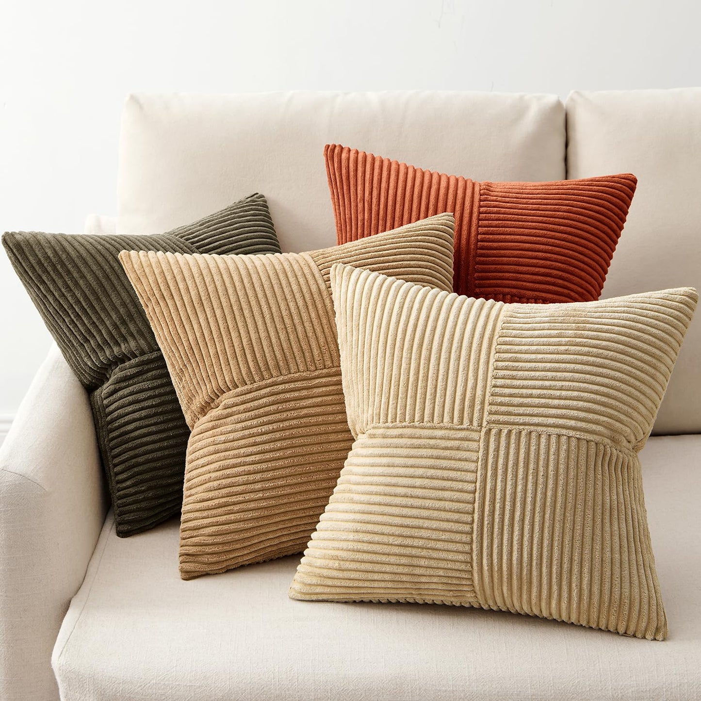 ANRODUO Pack of 4 Decorative Throw Pillows for Couch Brown Green 18x18 Inch Boho Cozy Soft Corduroy Cushion Covers Farmhouse Accent Pillowcases for Mid Century Summer Home Decor Sofa Bed Living Room