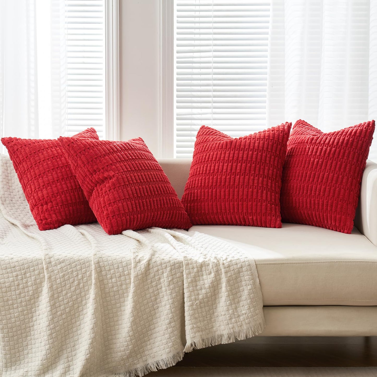 MIULEE Pack of 4 Christmas Red Corduroy Decorative Throw Pillow Covers 18x18 Inch Soft Boho Striped Pillow Covers Modern Farmhouse Home Decor for Sofa Living Room Couch Bed