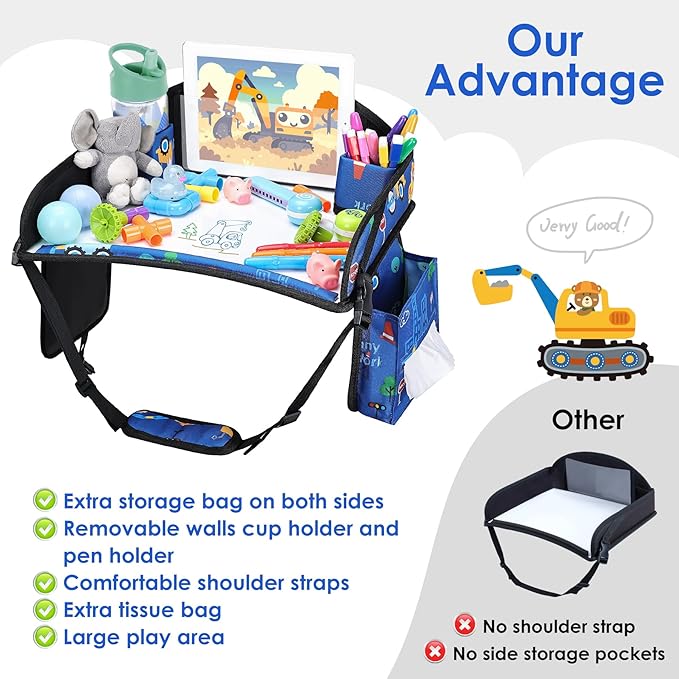 WENRENER 2PCS Kids Travel Tray for Airplane - Toddler Car Seat Table Tray, Road Trip Essentials for Boys & Girls, Carseat Lap Desk for Kids Road Trip Activities (Dark Blue Car/Purple Mermaid)