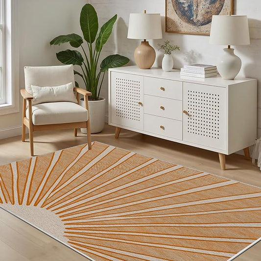 Boho Sun Print Area Rug for Living Room 7x9, Modern Abstract Non-Slip Washable Rugs, Soft Stripe Minimalism Carpet for Bedroom, Nursery, Entryway, Dining Room & Office Decor, Orange White