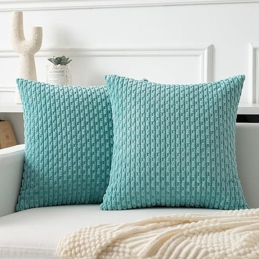 Kevin Textile Throw Pillow Covers Soft Corduroy Decorative Set of 2 Boho Striped Pillow Covers Pillowcases Farmhouse Home Decor for Couch Bed Sofa Living Room 18x18 Inch Aqua Green