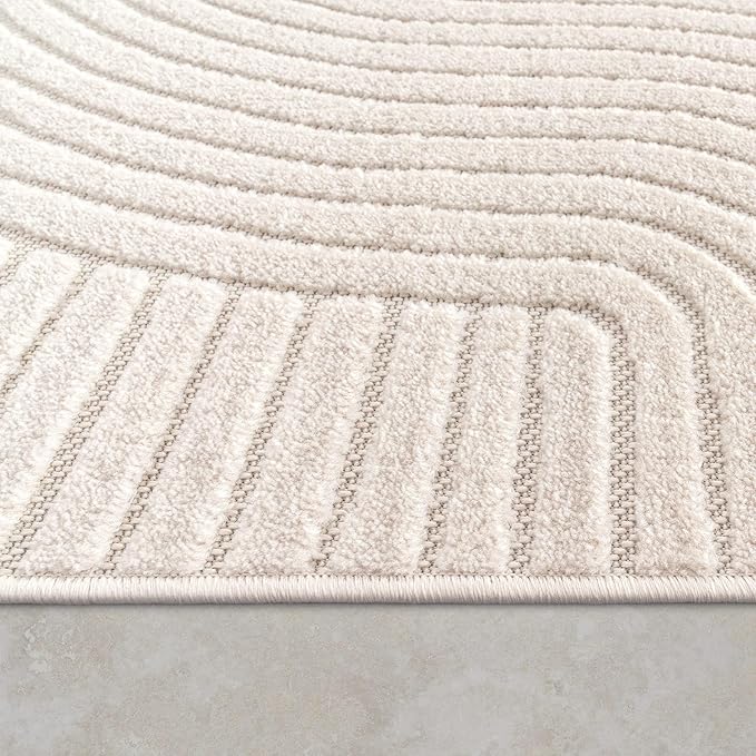 Paco Home Modern Area Rug with Raised Curved Line Pattern – Minimalist Design in Cream, Size: 6'7" Round