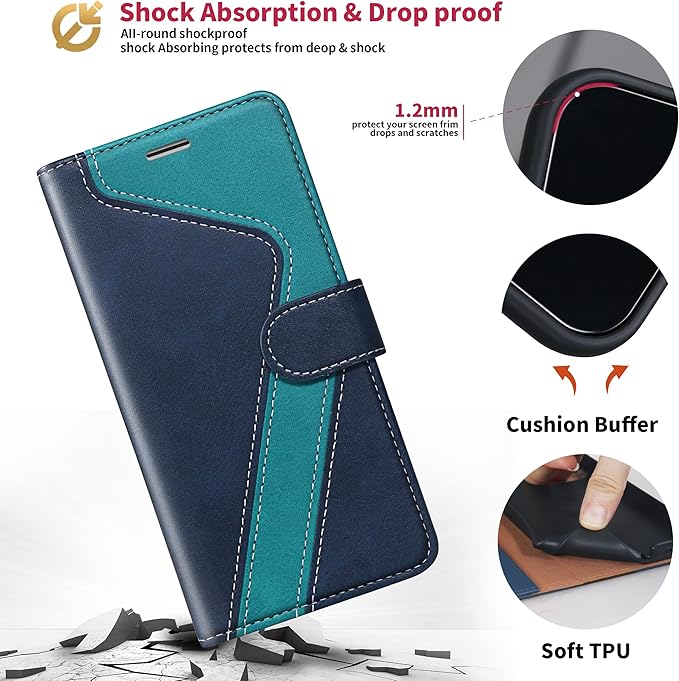CIVICASE for iPhone 14 Plus Wallet Case,Leather Flip Case [RFID Blocking] Credit Card Holder Folio Magnetic Stand TPU Shockproof Cover Color Matching for iPhone 14 Plus (6.7") Blue Green