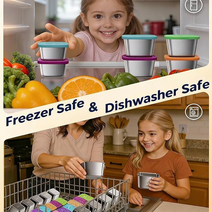 Dobyusf 24-Piece Stainless Steel Snack Container Set - Airtight Silicone Lid with Printed Design Sauce Containers, Multi-Use Food Storage for Salads, Dips, Snacks, Microwave & Dishwasher Safe