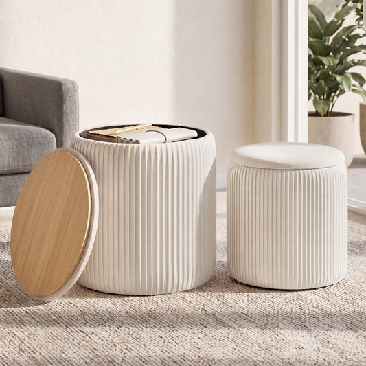 SONGMICS Vanity Stool, Set of 2, Round Storage Ottoman, Small Ottoman Coffee Table, Foot Stool, Removable Lid, for Living Room, Bedroom, Hallway, Easy Assembly, Velvet, Cream White ULOM017WD01