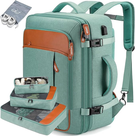 Lumesner Carry on Travel Backpacks, Extra Large 40L Flight Approved for Men & Women,Expandable Suitcase backpack (Green (Backpack With 4 Packing Cubes))