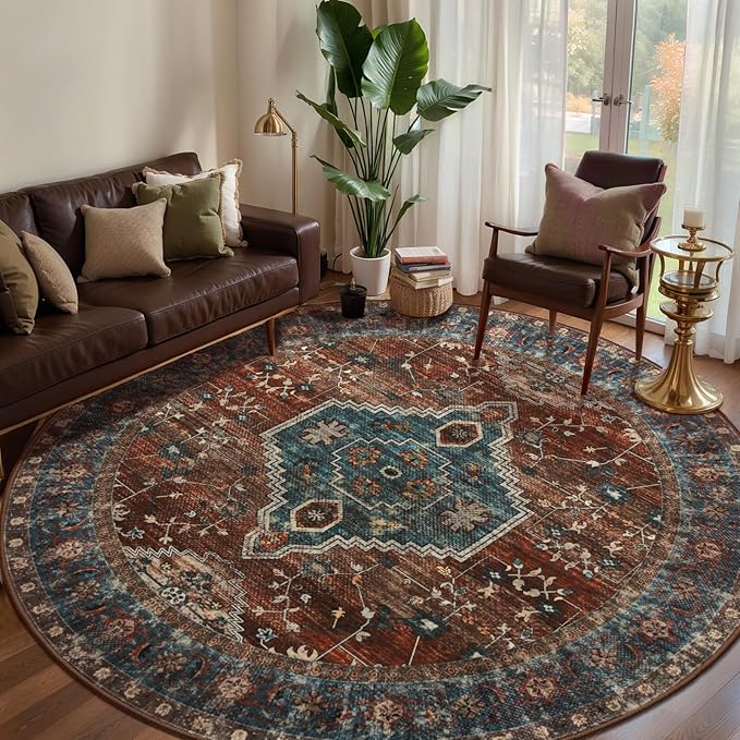 Tangsoo Oriental Round Area Rugs 6ft, Washable Circle Rug, Non Slip Boho Round Area Rug, Vintage Low Pile Circular Rugs,Large Rounds Rugs Carpet for Livingroom Bedroom Nursery Dorm Office Rust/Blue