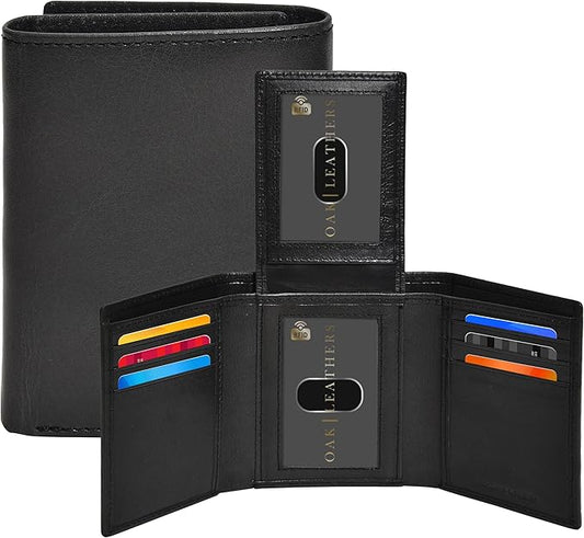 Real Leather Mens Trifold Wallet RFID Blocking Slim Minimalist Front Pocket - Thin & Stylish with ID Window in Gift Box
