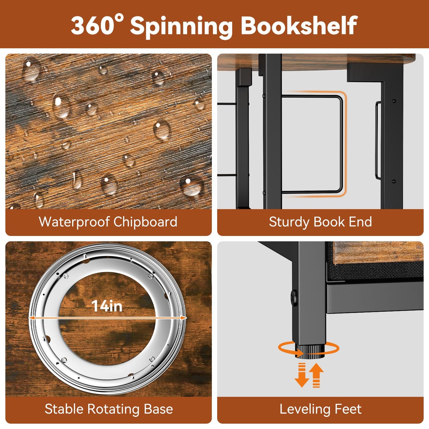 Housolution 5 Tier Rotating Bookshelf Tower, 360° Spinning Book Shelf with Fabric Drawer, Round Revolving Bookcase Organizer, Narrow Swivel Bookshelves Turning Corner Bookshelf for Small Space, Brown