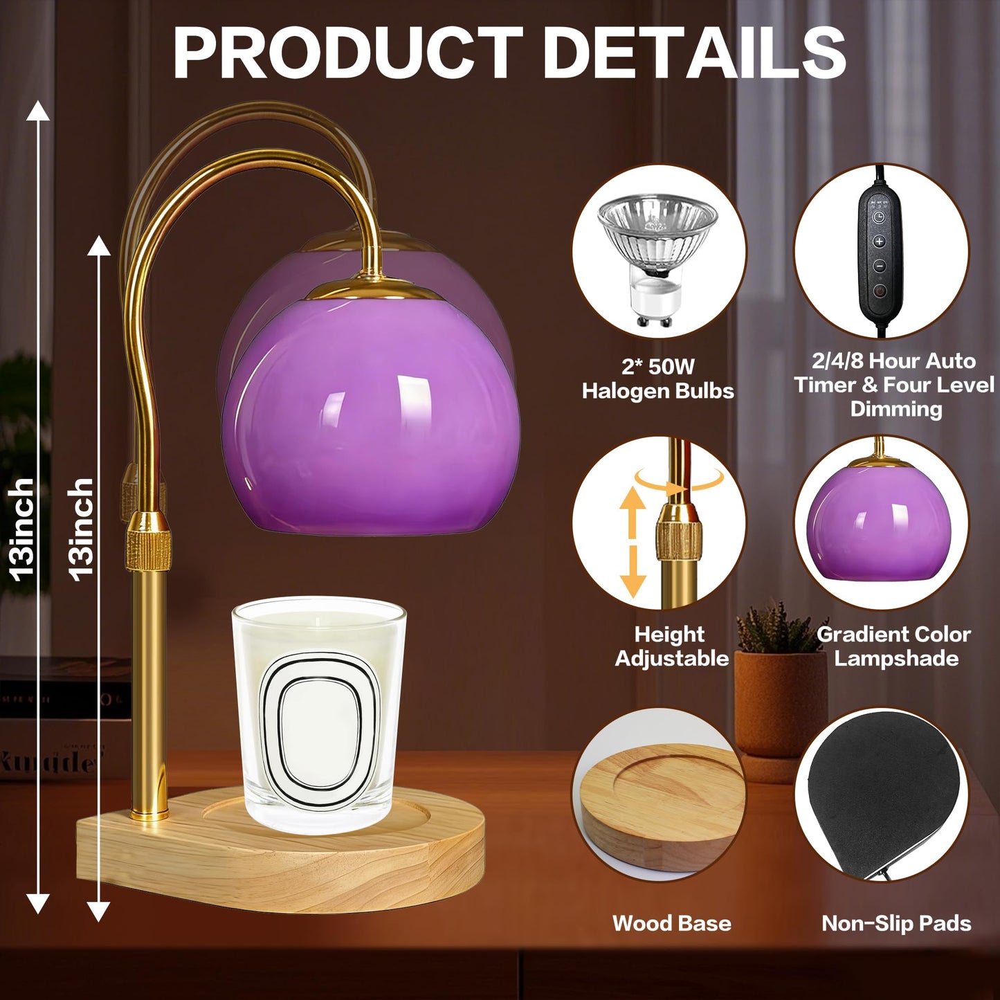 DALUXshop Candle Warmer Lamp with Timer 2H/4H/8H, Adjustable Height Dimmable Candle Lamp with 2 Bulbs, Wax Melt Warmer for Jar Candles, House Warming, Home Decor, Christmas Gifts for Women Mom(Purple)