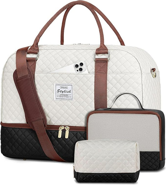 Travel Duffle Bags for Women - Overnight Weekender Bags With Toiletry Bag Carry On Duffel Bags with Shoe Compartment Hospital Bag with Wet Pocket for Labor Delivery Black Brown