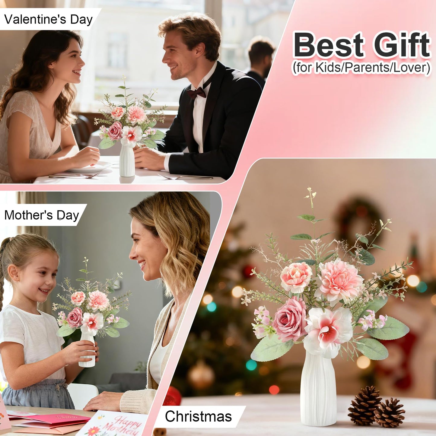 GAATEEK Small 11" Artificial Flowers in Ceramic Vase - Pink Silk Flower Centerpiece for Dining Table, Office, Wedding & Farmhouse, Home Decor Gifts