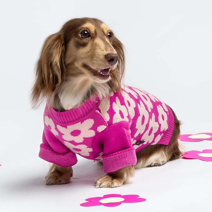 Fitwarm Floral Dog Sweater, Thermal Dog Sweatshirt, Dog Winter Clothes for Small Dogs Girl, Doggy Pullover Jumper, Pet Outfit, Hot Pink, White, XL