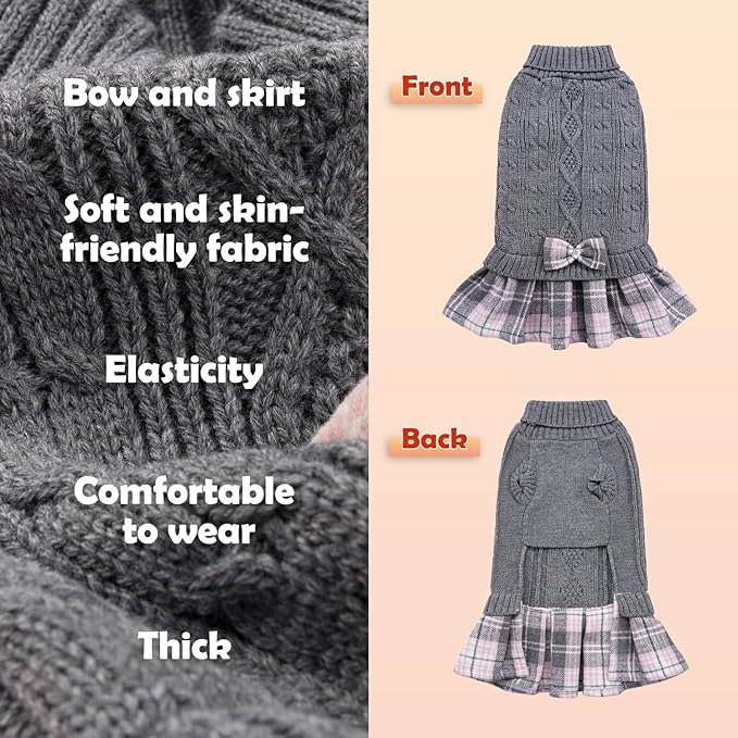 YUDODO Small Dog Sweater Dress with Bowtie Turtleneck - Knitted Pet Girl Dog Winter Clothes - Pet Warm Sweater for Puppy Yorkies, Chihuahua (M Grey)