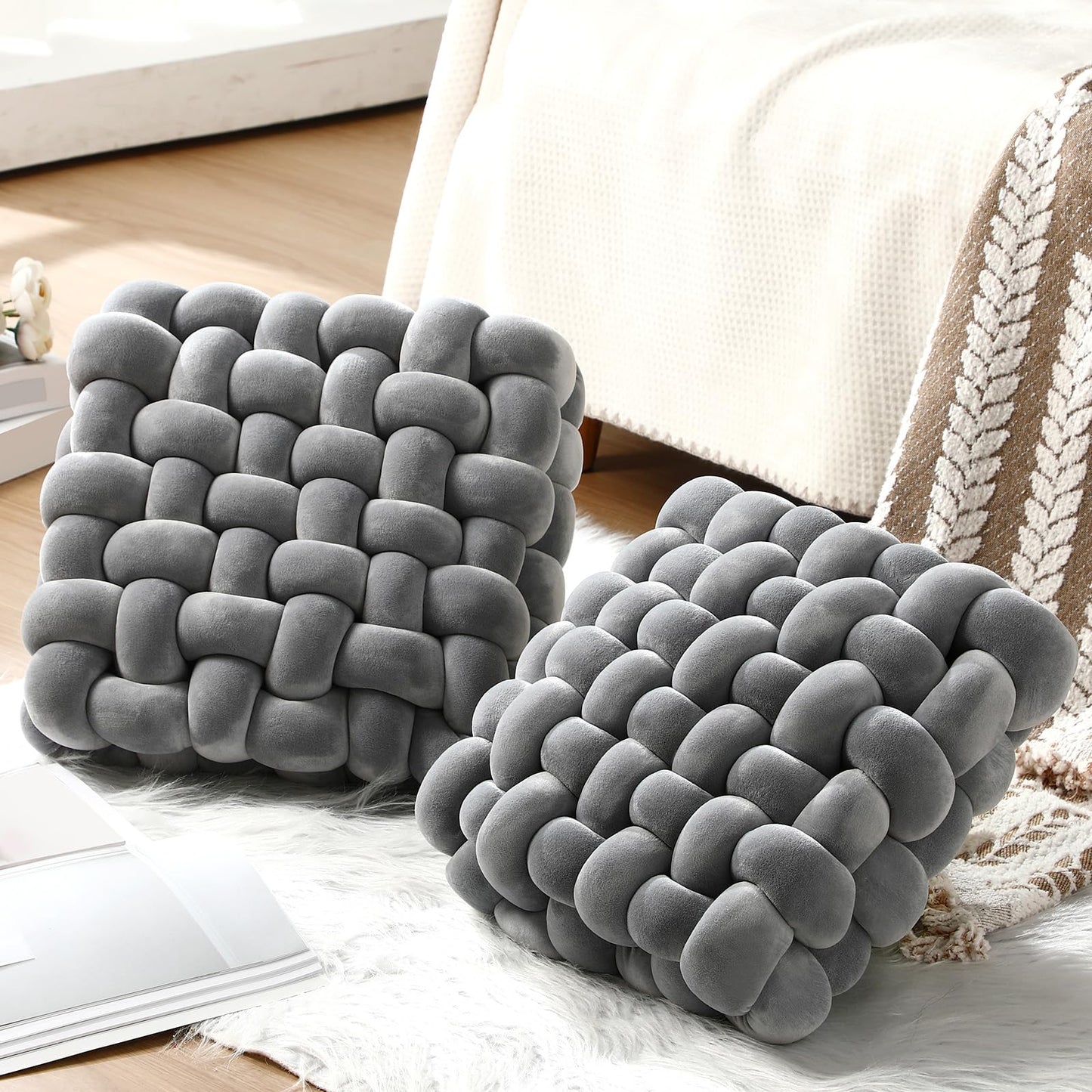 Wenqik 2 Pcs Knot Pillows Square Knotted Plush Throws Soft Accent Pillows Decoration Cushion for Couch Home Office Living Room Bedroom Bed Sofa Decor, 12'' x 13''(Light Gray,Crystal Velvet)