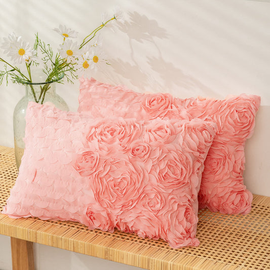 CaliTime Throw Pillow Cases Pack of 2 Solid 3D Stereo Chiffon Wave Rose Flower Decorative Cushion Covers Shells for Couch Sofa Bedroom 12 X 20 Inches Pink