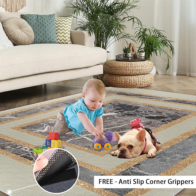 Light Luxury Marble Area Rugs Gilded Stripe Geometry Area Carpet Abstract Marble Texture Rug Stone Crack Carpet for Living Room Study Bedroom 7x9ft