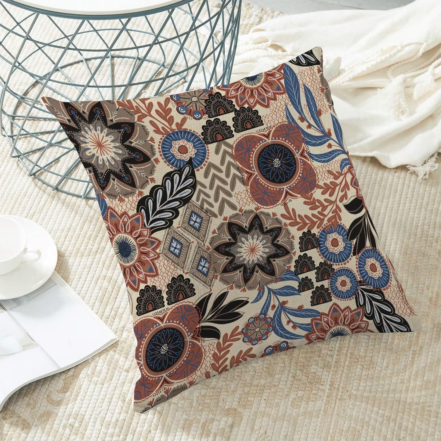 ZHOUYETAK Boho Brown Blue Pillow Covers 18x18 Set of 2, Abstract Mid Century Neutral Outdoor Decorative Botanical Tropical Leaves Throw Pillows Retro Flower Couch Cushion Case for Chair Sofa Bedroom