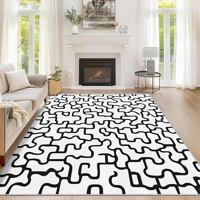 Abstract Geometric Rugs for Home Decor, 5x7 ft, Black and White Labyrinth Area Rugs for Living Room, Soft Non Slip Washable Modern Abstract Line Carpet Bedroom Decorations Dt-Ghf-31