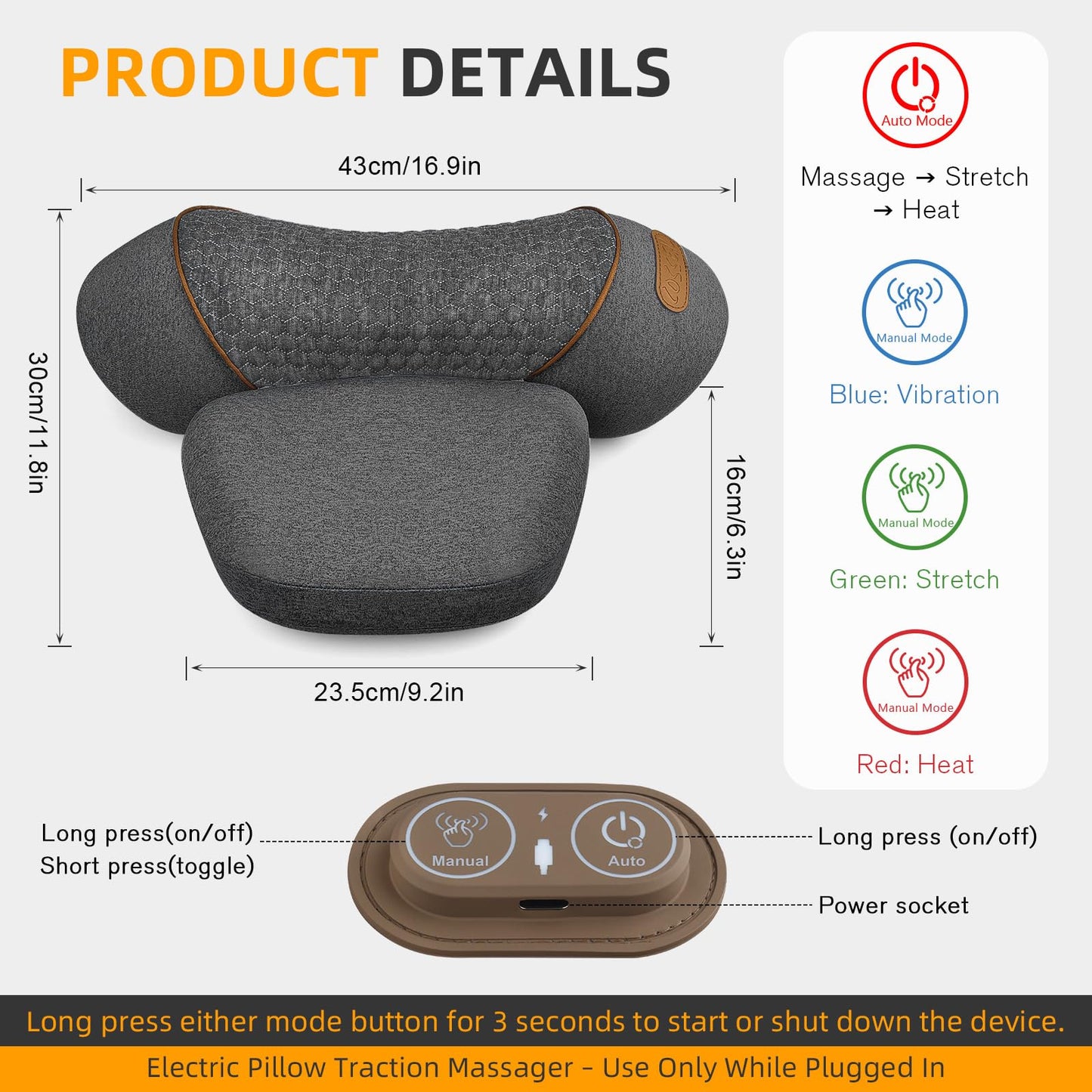 Voluart 3-in-1 Neck Massager Pillow with Heat & Traction, Deep Tissue Cervical Traction Device for Neck Hump Corrector, Shoulder & Upper Back Pain Relief, Relaxing TheraPillow Support