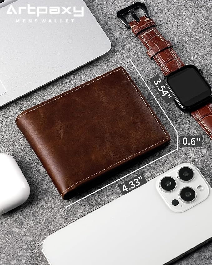 Artpaxy Mens Wallet Genuine Leather Bifold RFID Blocking Wallet for Men with 2 ID Windows 12 Card Holders 2 cash pockets 1 Gift Box
