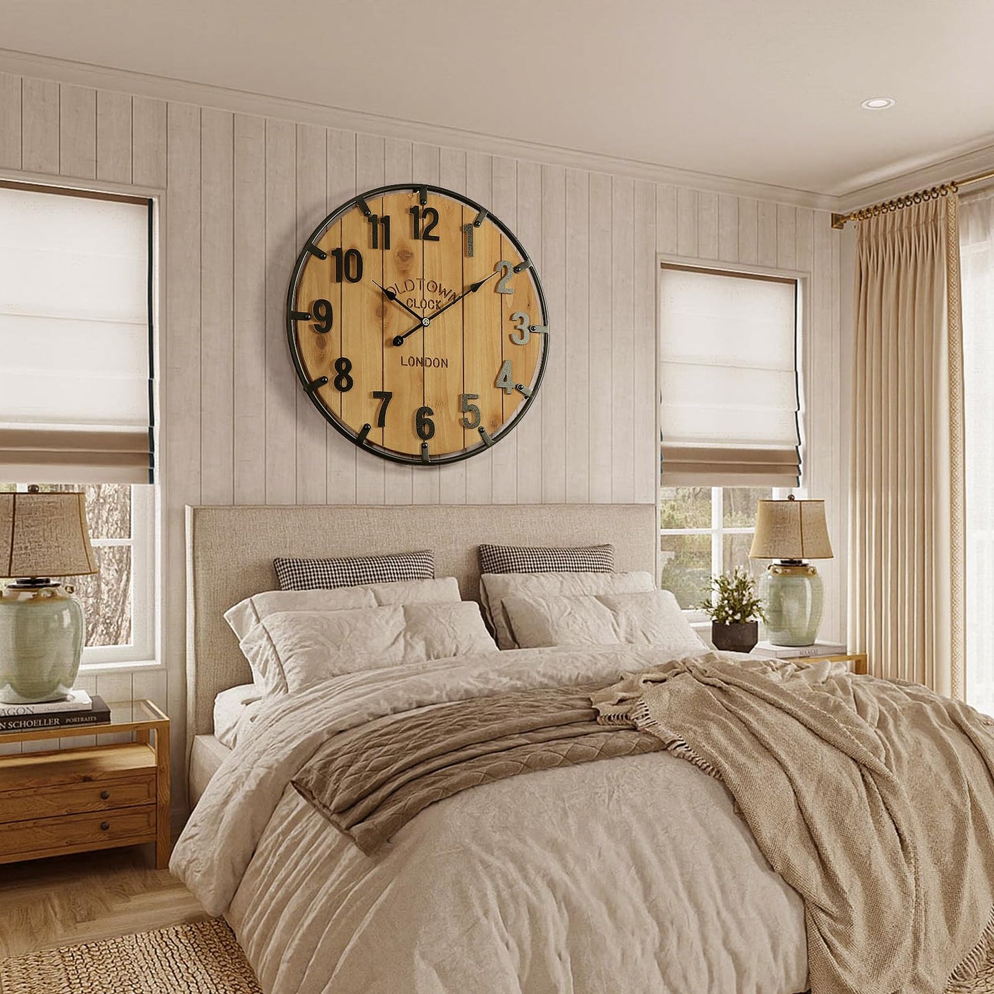 Vantic Farmhouse 30 Inch Extra Large Decorative Wall Clock with Metal Circlee, Oversized Wood Wall Clock with Large Arabic Numeral for Living Room, Bedrooms and Offices, Silent and Battery Operated