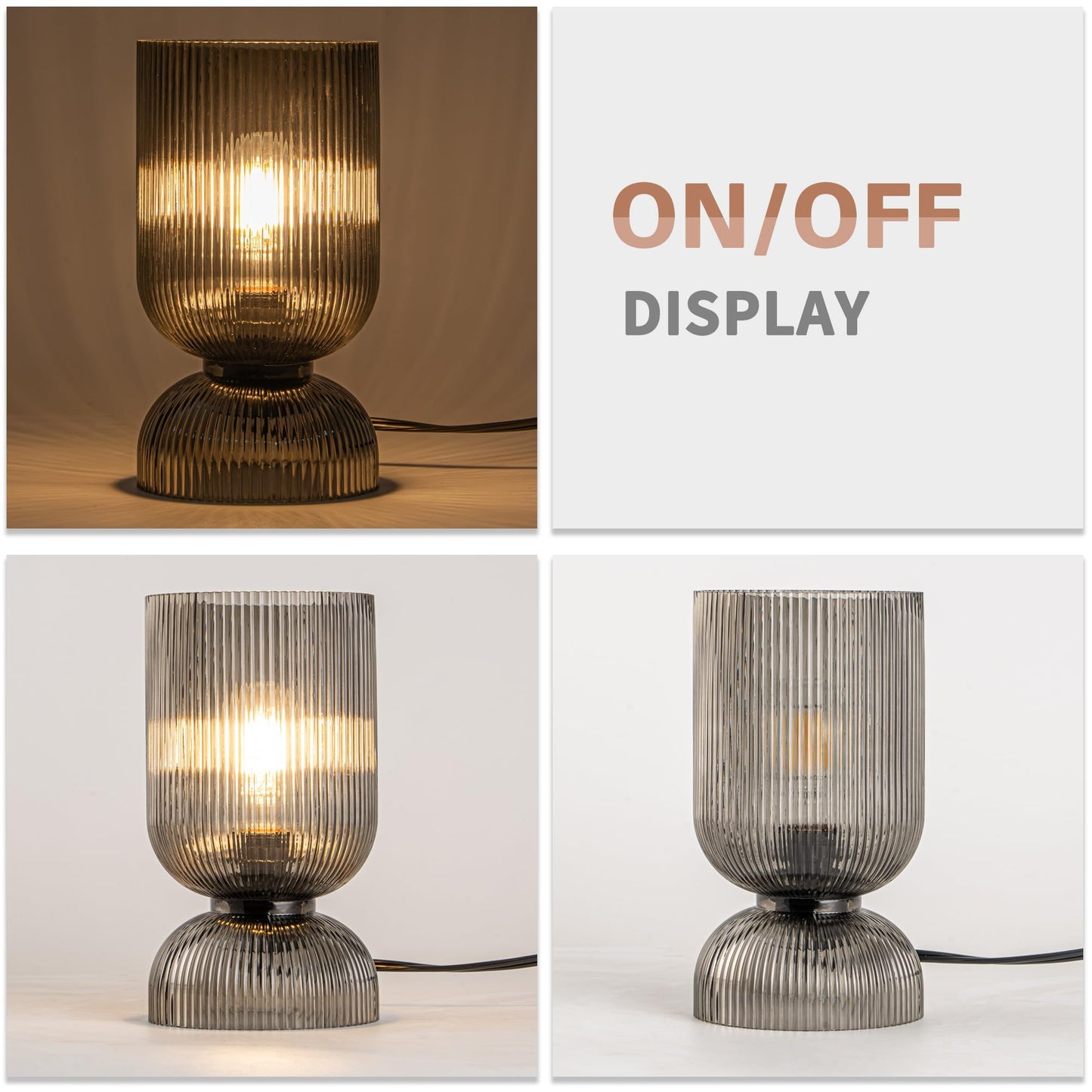 Gmrhndy Modern Table Lamp,Glass Mid Century Lamp with Smoky Gray Glass Shade, Bedside Lamp with On/Off Switch, Minimalist Nightstand Lamp for Bedroom, Living Room, Office (Bulb not Included)