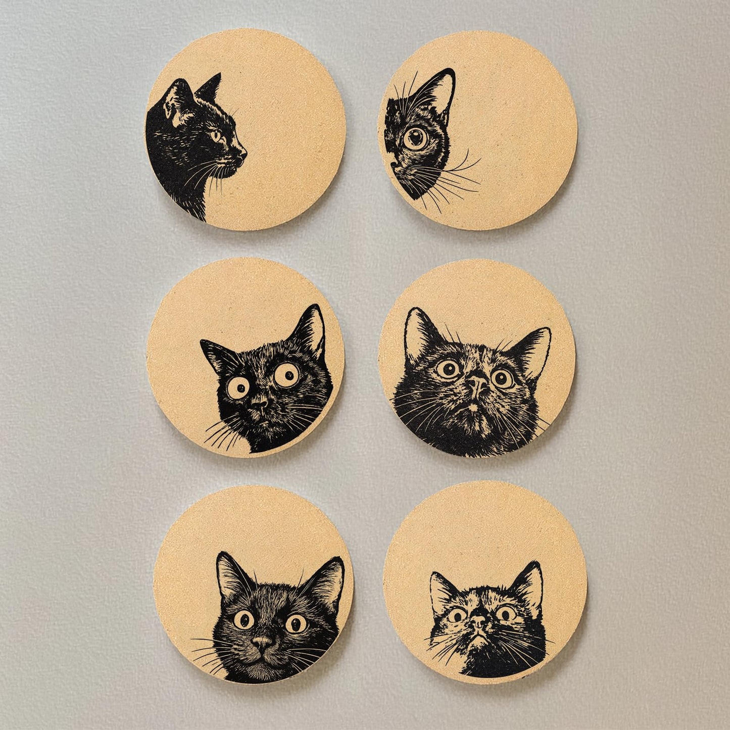 Cegkuc Coasters for Drinks with Holder Set of 6, Curious Cat Cork Coaster Absorbent for Office Desk Cat Table Coasters Kitchen Decor House Warming Gifts for New Home Couples, Round 4"