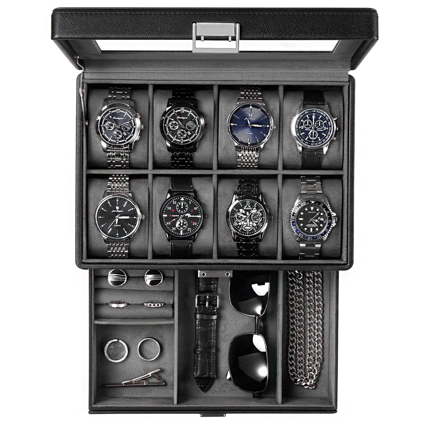 ProCase Premium Watch Box for Men, Fathers Day Gift for Dad Jewelry Organizer Box with Drawer, Display Storage Case with Glass Lid -Black, 8 Slot